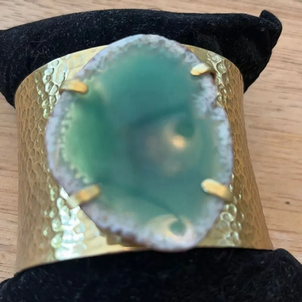 Statement cuff bracelet hammered, gold, and green agate stone